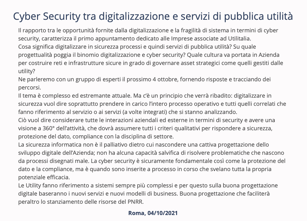 Cyber Security tra digitalizzazione e servizi di pubblica utilit&agrave;